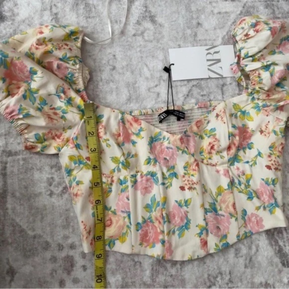 Zara Floral Corset Puff Sleeve Crop Blouse Size Medium - Picture 5 of 5